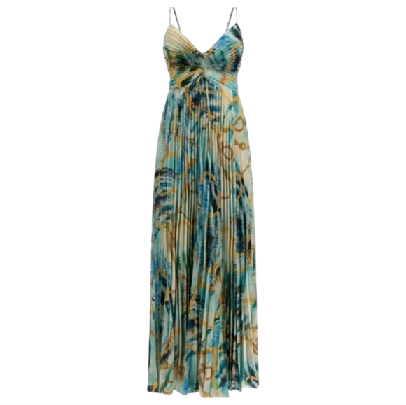 Guess By Marciano Blue Green Gold Chains Pleated Maxi Dress Size 0 new with Tags - Picture 5 of 7